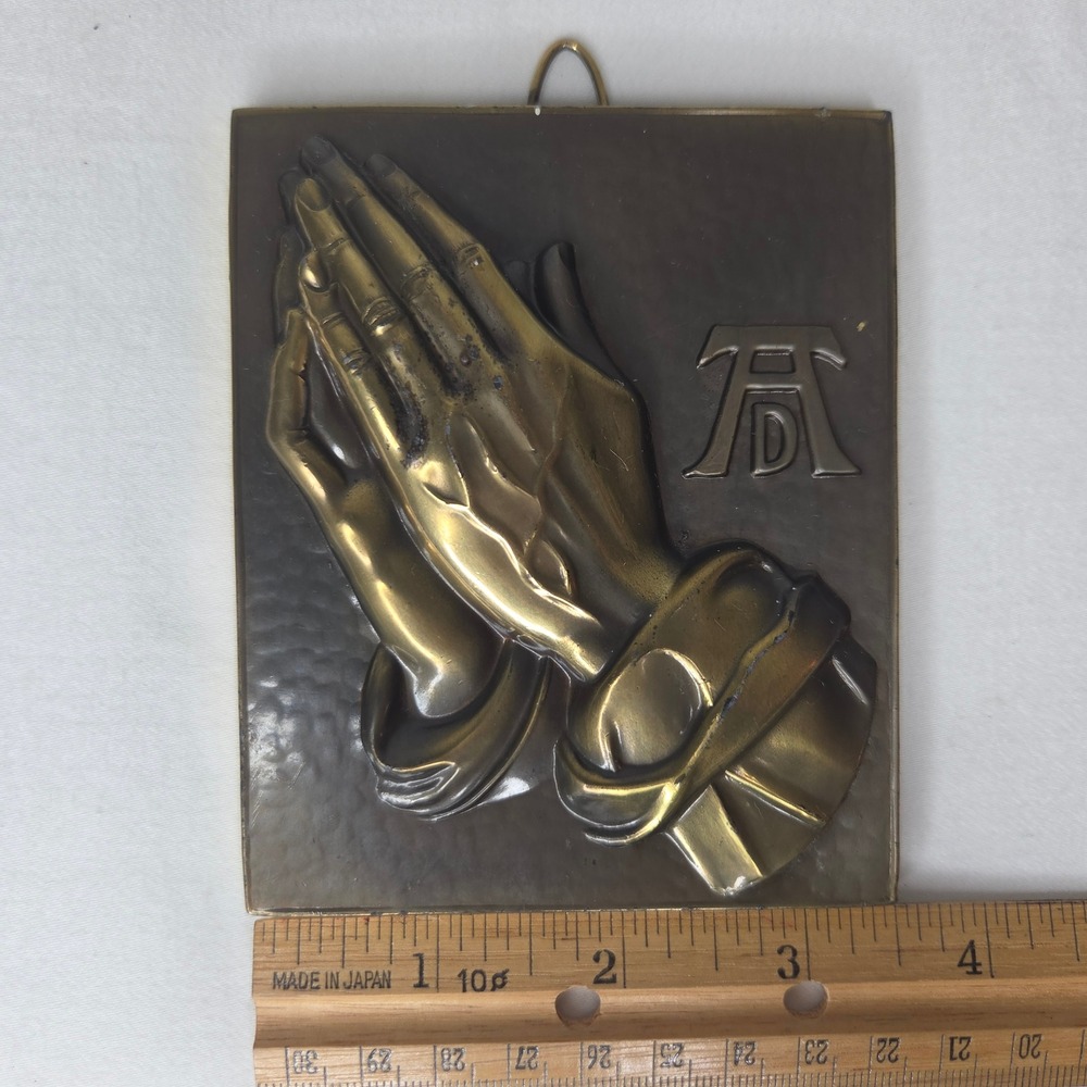 Vintage Brass Praying Hands Wall Plaque Albrecht Durer AD Monogram Made in Japan
